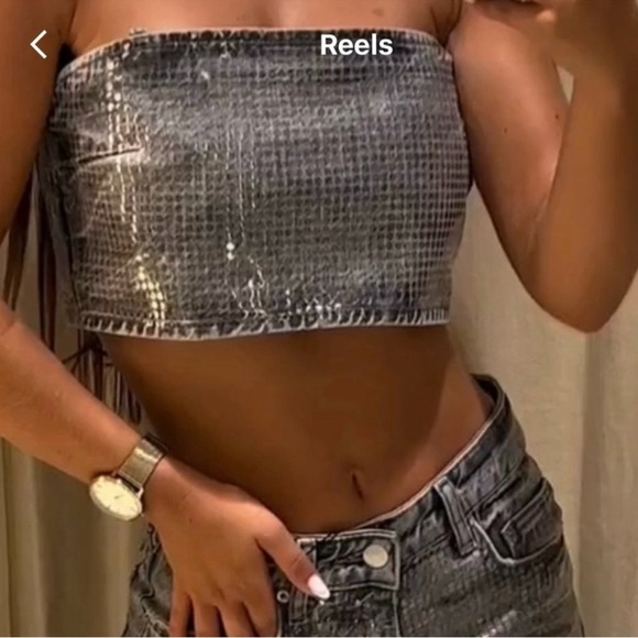 Zara TRF gray foil sequin embellished denim jean crop top sparkly Sz XXL NWOT - Picture 4 of 15